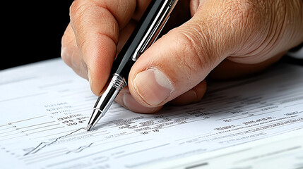 Close-up of a hand holding a pen while signing a document.