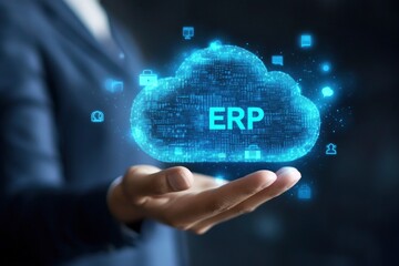 A person holding a glowing cloud with ERP written on it and floating icons, symbolizing the integration of smart technology