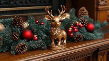 A decorative golden reindeer stands proudly among seasonal greenery, ornaments, and pinecones