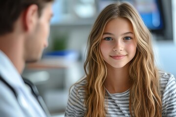Doctor and tennage girl patient, during visit. Concept of preventive health care for adolescents. School entry medical exam, Generative AI