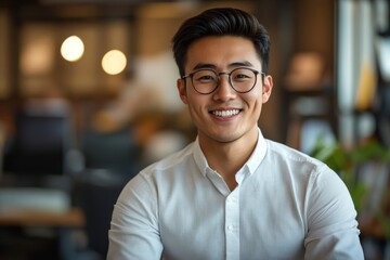 Fototapeta premium Young Asian businessman standing in an office smiling confidently, Generative AI