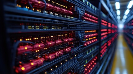 Naklejka premium Server racks filled with illuminated components in a data center.