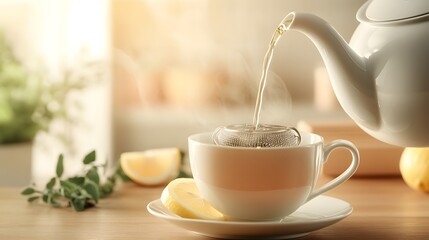 Fototapeta premium tea-making scene with teapot pouring hot water over loose tea leaves.