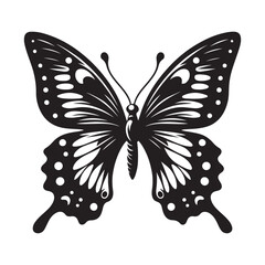 Butterfly Silhouette, Stylish icon, template, background, tattoo. Print for t-shirt. Hand drawn vector illustration, Butterfly black vector, isolated.