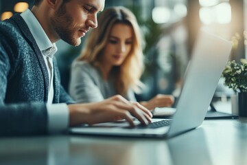 The team that has what it takes. Shot of a businessman and businesswoman using a laptop during a meeting at a convention centre, Generative AI