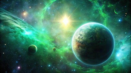 A planet and spherical objects covered in a nebula with green light aerial view