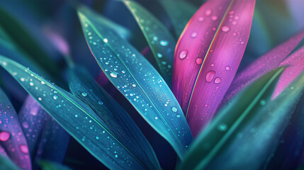 Close-up of vibrant green and pink leaves with water droplets.