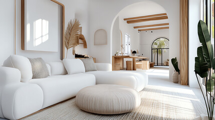 Modern living room interior design with neutral colors and natural light.