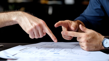 Two hands pointing at a document on a table, signifying discussion or analysis.
