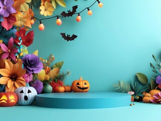 Fototapeta premium Colorful Autumn Halloween Scene with Pumpkins Bats and Floral