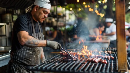 Fototapeta premium A man is cooking food on a grill