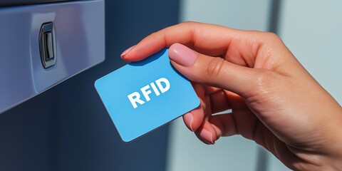 Obraz premium Hand holding an RFID card, symbolizing secure wireless access, smart technology, and modern contactless entry systems for enhanced control and identification, Generative AI