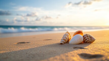 Obraz premium Gleaming Seashells Resting on the Tranquil Beach at Sunrise or Sunset