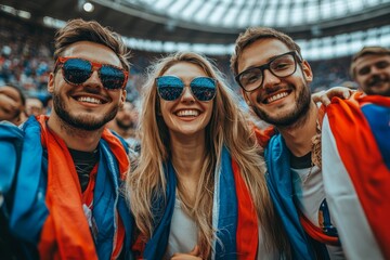 Excited football fans supporting French national team in live soccer match at stadium, Generative AI