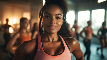 Empowered black woman leading fitness class with confidence and energy