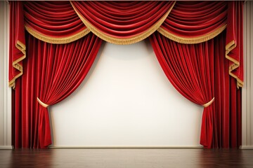 Fototapeta premium Red curtains on the stage. Velvet stage curtain with a lambrequin in the theater. Background and texture of luxurious drapery material.