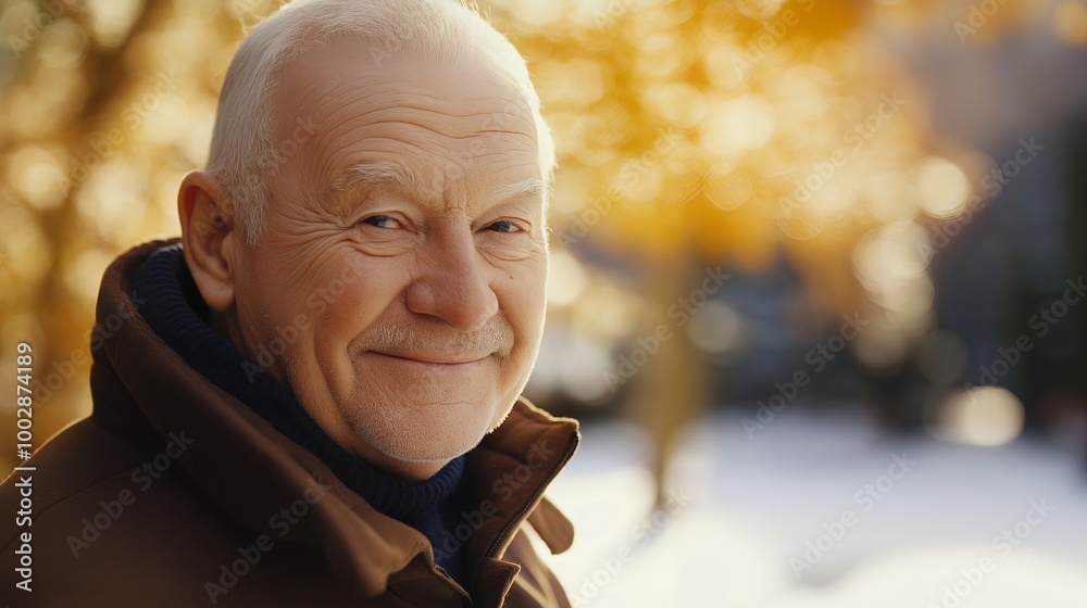 Poster Portrait of a happy senior man looking at the camera in a wintery setting.