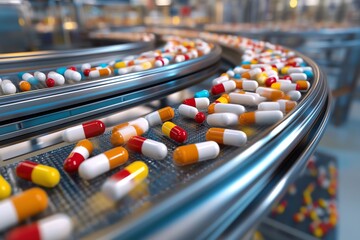 A vibrant collection of colorful capsules moving along an industrial conveyor belt in a pharmaceutical production facility.