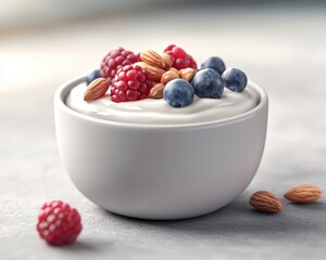A delicious bowl of yogurt topped with fresh raspberries, blueberries, and almonds, set against a softly blurred background. Perfect for healthy snacking or breakfast.