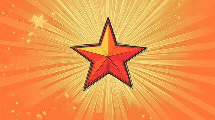 Vibrant red star with rays of light on an orange background in a retro style