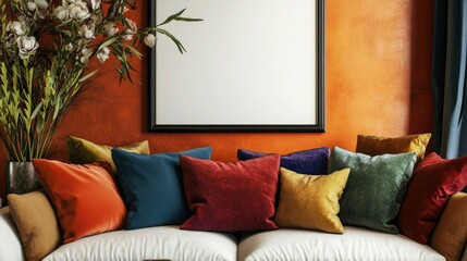 A cozy, stylish sofa setup with bold, colorful cushions, a vase of fresh flowers, and a large blank poster frame above. The design is warm, inviting, and full of vibrant energy.