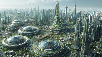 Explore a vibrant futuristic cityscape showcasing innovative architecture, lush greenery, and advanced urban planning. A panoramic view of this dynamic metropolis invites imagination of future living