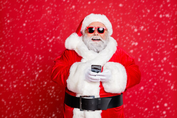 Close-up portrait of his he cheerful cheery glad funky fat overweight plump gray-haired bearded man...