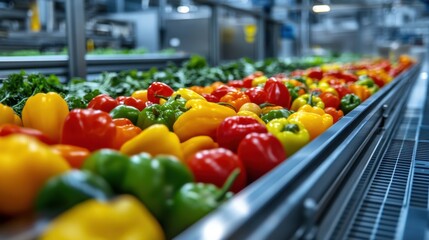 Colorful fresh vegetables moving quickly on a conveyor belt inside a modern food processing facility. Efficient food production line.