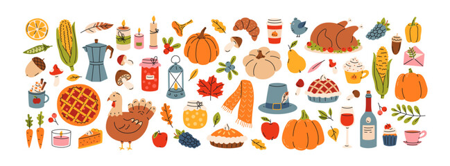 Vector flat set of Thanksgiving day. Harvest festival elements, turkey, corn, pumpkin pie, wine, autumn leaves, coffee, candle. Family holiday icons for greeting card, scrapbooking, stickers, print