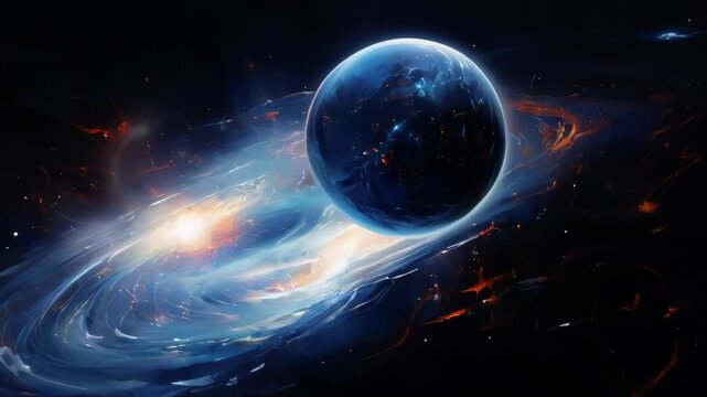 A surreal and artistic shot of a blue planet with glowing rings in space, featuring bright red and orange sparks. Suitable for science fiction, fantasy, and space exploration themes.. AI Generation