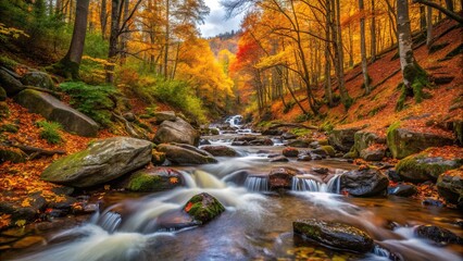 Fototapeta premium A serene stream flowing down a mountain during autumn