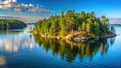 Obraz premium A serene wooded peninsula jutting out into the calm water with a forced perspective effect