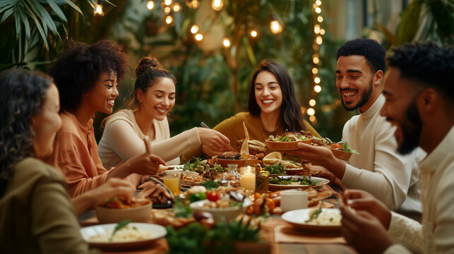 Friends enjoy a delicious meal together at Christmas dinner party.