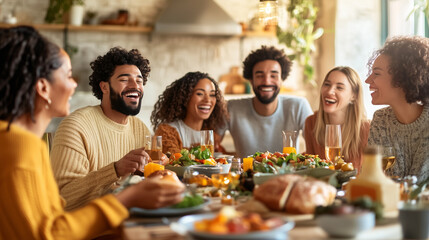 A group of friends share a meal and laughs together.