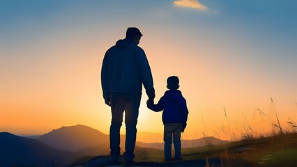 Silhouette of father and child, friendly family relationship. Father and son holding hands against sunset.