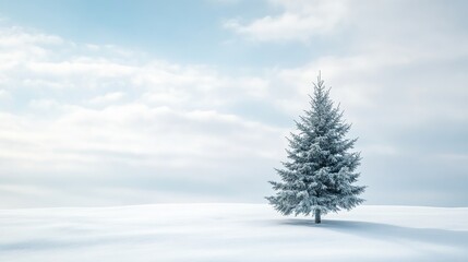 Fototapeta premium Solitary pine tree on snowy landscape, serene