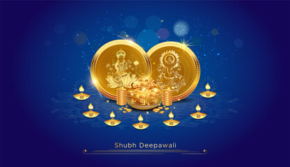 Fototapeta premium Happy Dhanteras. Maa Laxmi gold coins for diwali festival.