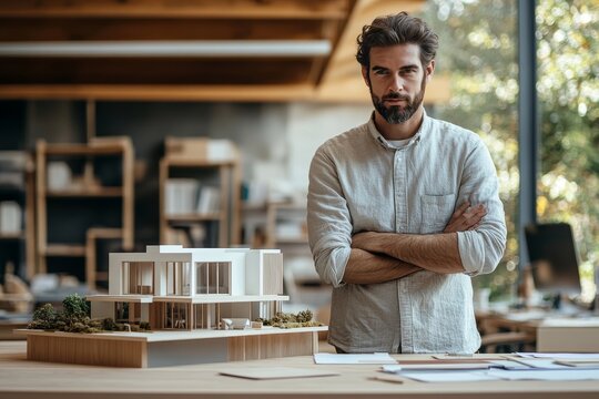 Young businessman or architect with model of a house standing in office, working, Generative AI - Powered by Adobe