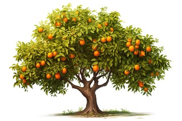 Orange tree with green leaves and ripe orange fruits on white background