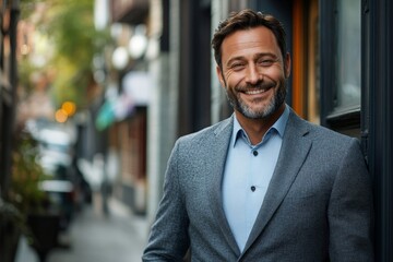 Fototapeta premium Smiling businessman wearing suit feeling happy standing outside banking office, Generative AI
