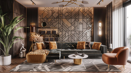 Art deco living room with geometric-patterned wallpaper, a plush velvet sofa, and a mix of gold and glass elements for a glamorous yet sophisticated vibe.