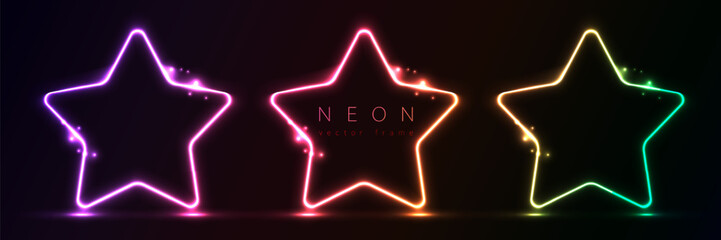 Set of glowing neon stars shape with lighting lines on black background technology concept. Light elements for badges, price tag, label cards, logo design, christmas.