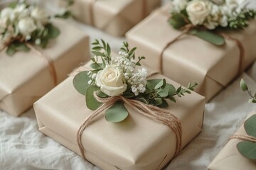 High angle view of wedding gift wrapped in eco paper papckaging and flower decoration, Generative AI