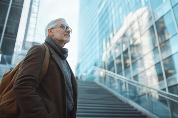 Fototapeta premium Side view of senior investor walking on stairs outside the office building in the city, Generative AI