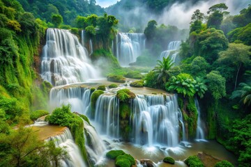 Fototapeta premium A stunning cascading waterfall in a lush jungle from a high angle view with misty patterns on the surface of the water