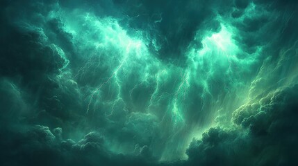 Fototapeta premium A dramatic, swirling sky with vibrant green lightning streaks cutting through dark clouds.