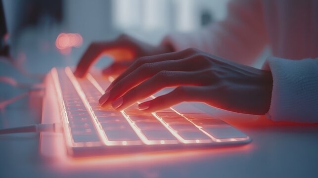 A photo of someone's hands working on a computer. It looks simple and clean. The light is soft and cool to the eyes.