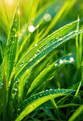 Obraz premium close view lush green grass blades drenched dewdrops vibrant colors captured stunning macro, nature, fresh, wet, droplet, light, detail, texture, landscape