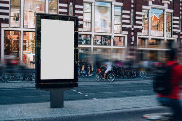 Clear Billboard on city street with blank copy space screen for advertising or promotional poster content, empty mock up Lightbox for information in Amsterdam, blank display outdoors in urban area © BullRun