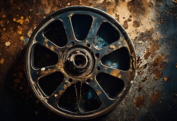 Obraz premium close ink splattered vintage film reel highlighting aged circular rich cinematic history, art, texture, grain, aesthetic, classic, visual, pattern, detail